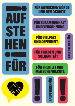 Postkarte mit bunten Schlagworten, wofür die katholische und evangelische Kirche steht