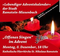 Katholischer Kirchenchor lädt zum "offenen Singen" am 08. Dezember 2025 um 18:00 Uhr in die kath. Kirche in Ramstein ein.