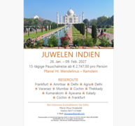 Blick auf den Taj Mahal bei Sonnenschein, im Vordergrund Blumentöpfe mit blühenden Stauden in verschiedenen Farben, darunter die wichtigsten Informationen zur Reise