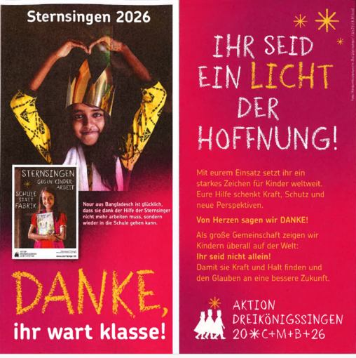 Danke, Ihr wart klasse! steht unter einem Bild eines Mädchens mit Sternsingerkrone und dem Plakat der Sternsingeraktion 2026 mit dem Motto "Schule statt Fabrik"